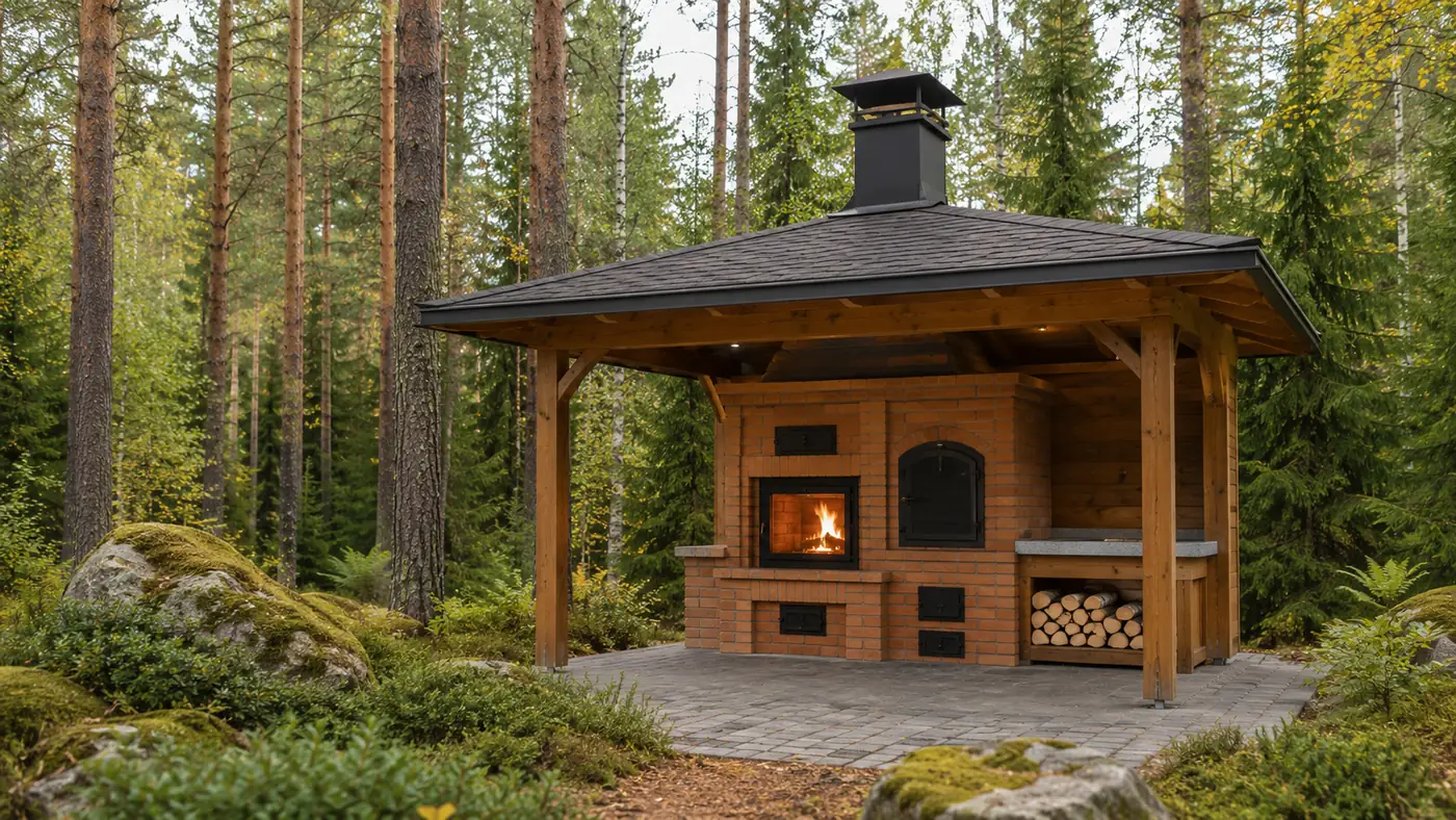 Компактная дачная зона барбекю: комплекс с закрытой топкой под деревянным навесом
